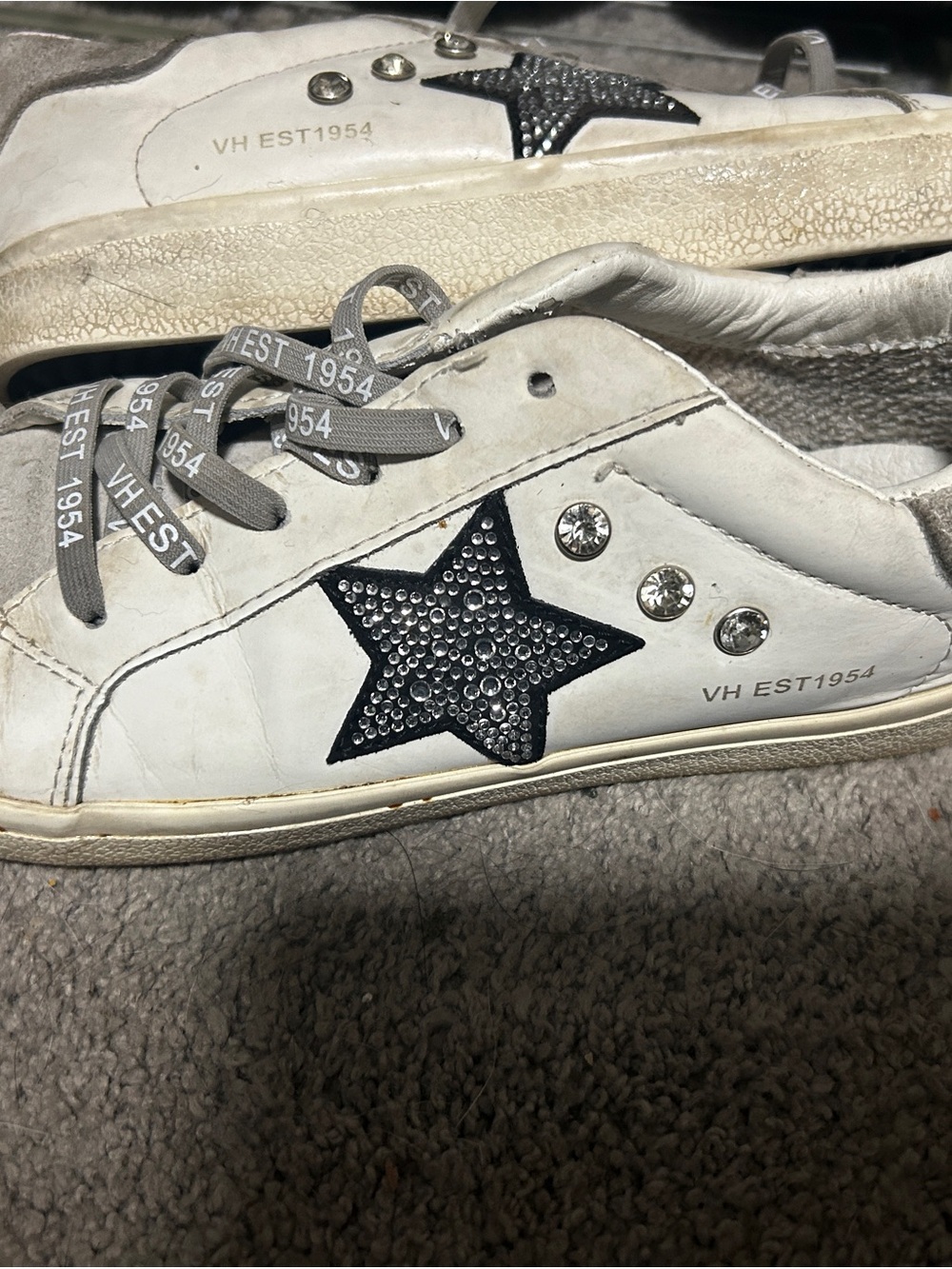 Vintage Havana White Sneakers with Black Star and Rhinestone Accents